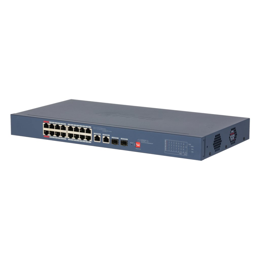 DahuaSwitch PoE 16 puertos 10/100 + 2 Combo Gigabit RJ45/SFP Uplink 135W Gestionable en Cloud Layer2
