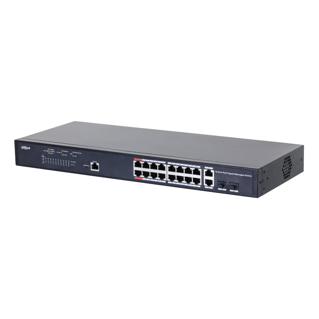 DahuaSwitch PoE 2.0 16 puertos Gigabit + 2 Combo Gigabit RJ45/SFP Uplink 130W Gestionable Layer2