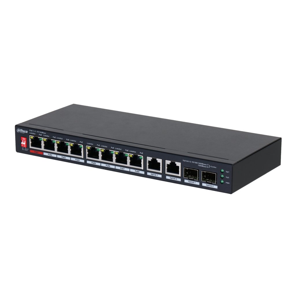 DahuaSwitch PoE 2.0 8 puertos 10/100 + 2 Combo Gigabit RJ45/SFP Uplink 96W No_Gestionable Layer2