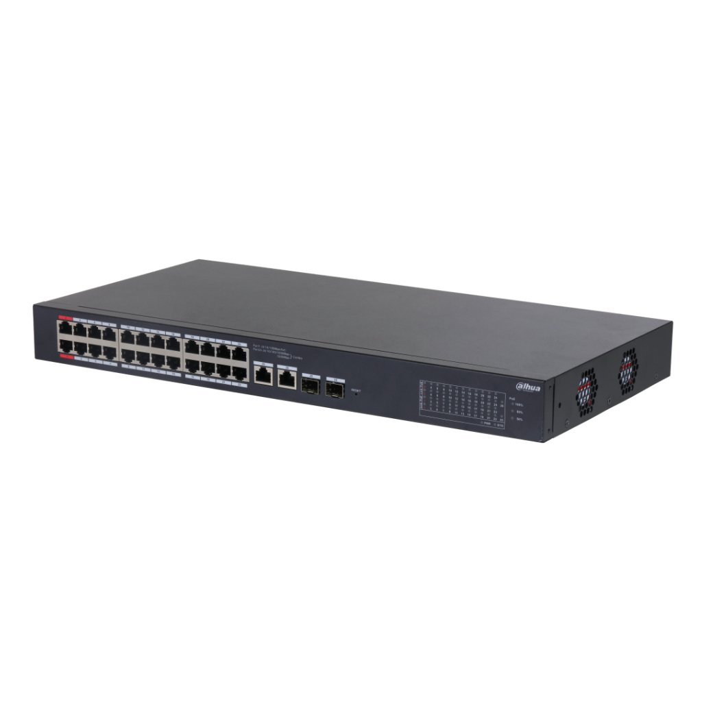DahuaSwitch PoE 24 puertos 10/100 + 2 Combo Gigabit RJ45/SFP Uplink 375W Gestionable en Cloud Layer2