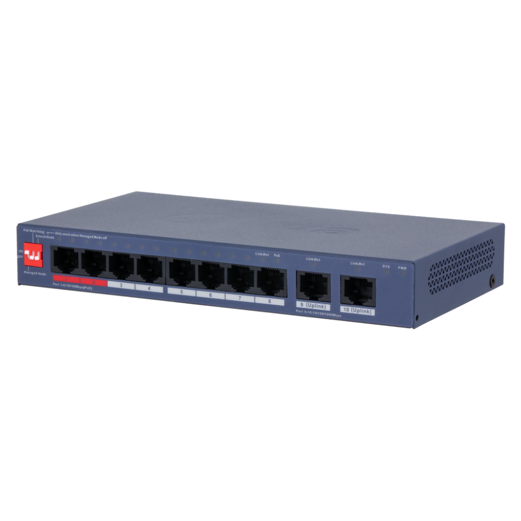 DahuaSwitch PoE 8 puertos 10/100 + 2RJ45 Uplink Gigabit 110W Gestionable en Cloud Layer2