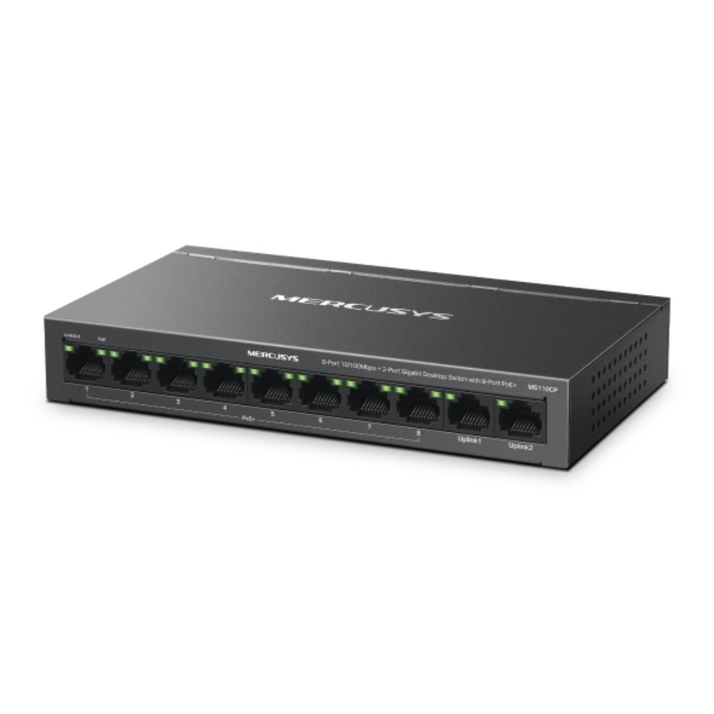 TP-LinkSwitch Mercusys 8 puertos 10/100 Mbps + 2 puertos Gigabit con 8 puertos PoE+